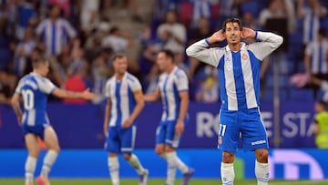 Espanyol's Spanish forward #11 Pere Milla Pena celebrates scoring his team's second goal during the Spanish league football match between RCD Espanyol and Club Atletico de Madrid at�RCDE Stadium in Cornella de Llobregat on August 17, 2025. (Photo by MANAURE QUINTERO / AFP)