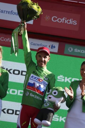 El ciclista español del equipo katusha, Joaquím "Purito" Rodríguez, en el podio, al término de la vigesima etapa, con comienzo en la localidad de San Lorenzo del Escorial y término en la de Cerdedilla, con un recorrido de 175,8 kilómetros.