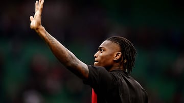 AC Milan's Portuguese forward Rafael Leao waves to the supporters at the end of the Italian Serie A football match between AC Milan and Lecce at San Siro stadium in Milan on April 23, 2023. (Photo by GABRIEL BOUYS / AFP)