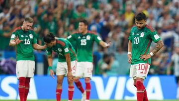 LUSAIL CITY, QATAR - NOVEMBER 26: Alexis Vega (R) of Mexico reacts during the FIFA World Cup Qatar 2022 Group C match between Argentina and Mexico at Lusail Stadium on November 26, 2022 in Lusail City, Qatar. (Photo by Khalil Bashar/Jam Media/Getty Images)