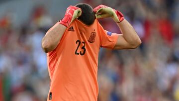 COPENHAGEN, DENMARK - JUNE 28: Unai Simon of Spain celebrates their side's second goal scored by team mate Cesar Azpilicueta (not pictured) during the UEFA Euro 2020 Championship Round of 16 match between Croatia and Spain at Parken Stadium on June 2
