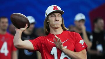 Jacksonville Jaguars quarterback Trevor Lawrence (16) throws the ball during the Pro Bowl Skills competition.