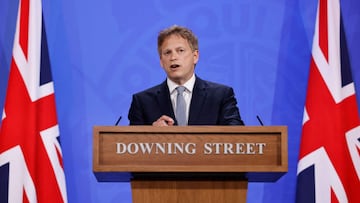 Britain&#039;s Transport Secretary Grant Shapps gives a virtual press conference inside the new Downing Street Briefing Room in central London on May 7, 2021. (Photo by Tolga Akmen / various sources / AFP)