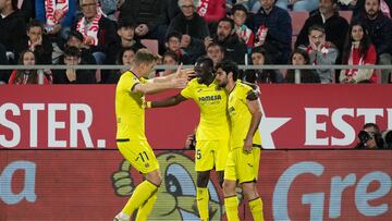 GIRONA, SPAIN - MAY 14: Bertrand Traore of Villarreal CF celebrates scoring his team's first goal with Alexander Sorloth and Goncalo Guedes during the LaLiga EA Sports match between Girona FC and Villarreal CF at Montilivi Stadium on May 14, 2024 in Girona, Spain. (Photo by Alex Caparros/Getty Images)