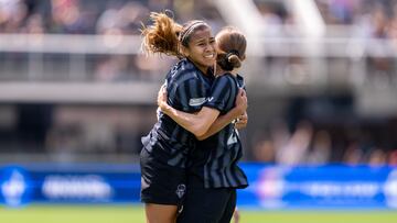 WASHINGTON, DC - AUGUST 25: Paige Metayer #26 of the Washington Spirit celebrates her goal with Leicy Santos #10 during a game between Kansas City Current and Washington Spirit at Audi Field on August 25, 2024 in Washington, DC. (Photo by Brad Smith/ISI Photos/Getty Images)