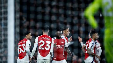 Arsenal's English midfielder #53 Ethan Nwaneri (L) celebrates with teammates after scoring his team third goal during the English Premier League football match between Arsenal and Nottingham Forest at the Emirates Stadium in London on November 23, 2024. (Photo by BENJAMIN CREMEL / AFP) / RESTRICTED TO EDITORIAL USE. No use with unauthorized audio, video, data, fixture lists, club/league logos or 'live' services. Online in-match use limited to 120 images. An additional 40 images may be used in extra time. No video emulation. Social media in-match use limited to 120 images. An additional 40 images may be used in extra time. No use in betting publications, games or single club/league/player publications. /