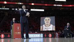 Yao Ming speaks during his jersey retirement ceremony at halftime of the game between the Houston Rockets and the Chicago Bulls at Toyota Center on February 3, 2017 in Houston, Texas.