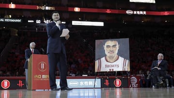 Yao Ming speaks during his jersey retirement ceremony at halftime of the game between the Houston Rockets and the Chicago Bulls at Toyota Center on February 3, 2017 in Houston, Texas.