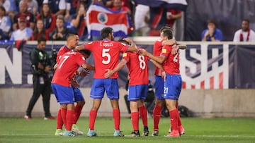 Sep 1, 2017; Harrison, NJ, USA; Costa Rica forward Marco Urena (21) celebrates with teammates against the United States during the first half at Red Bull Arena. Mandatory Credit: Vincent Carchietta-USA TODAY Sports