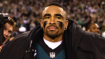 PHILADELPHIA, PENNSYLVANIA - JANUARY 29: Jalen Hurts #1 of the Philadelphia Eagles looks on after defeating the San Francisco 49ers to win in the NFC Championship Game at Lincoln Financial Field on January 29, 2023 in Philadelphia, Pennsylvania.   Tim Nwachukwu/Getty Images/AFP (Photo by Tim Nwachukwu / GETTY IMAGES NORTH AMERICA / Getty Images via AFP)