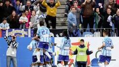 <b>DOBLETE DE BAHA. </b>Primer plano con Toribio (saltando), Apoño y Caicedo en el momento de celebrar uno de los dos goles del marroquí.