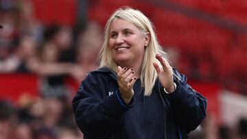 Chelsea's English manager Emma Hayes reacts to Chelsea's third goal during the English Women's Super League football match between Manchester United and Chelsea at Old Trafford in Manchester, north west England, on May 18, 2024. (Photo by Darren Staples / AFP)