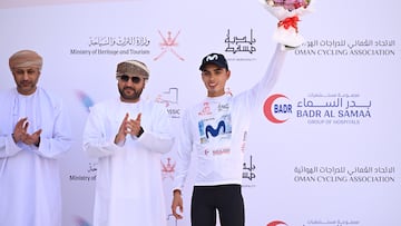 JABAL AL AKHDHAR - GREEN MOUNTAIN, OMAN - FEBRUARY 11: Fernando Diego Pescador Castro of Colombia and Movistar Team celebrates at podium as White Best Young Rider Jersey winner during the 15th Tour of Oman 2026, Stage 5 a 155.9km stage from Nizwa to Jabal Al Akhdhar - Green Mountain 1024m on February 11, 2026 in Jabal Al Akhdhar - Green Mountain, Oman. (Photo by Dario Belingheri/Getty Images)