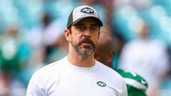 MIAMI GARDENS, FLORIDA - DECEMBER 17: Aaron Rodgers #8 of the New York Jets looks on prior to a game against the Miami Dolphins at Hard Rock Stadium on December 17, 2023 in Miami Gardens, Florida.   Megan Briggs/Getty Images/AFP (Photo by Megan Briggs / GETTY IMAGES NORTH AMERICA / Getty Images via AFP)