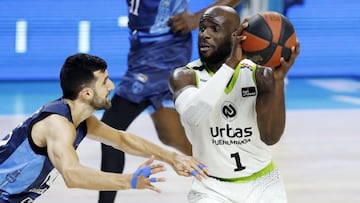 Obi Emegano, jugador del Baloncesto Fuenlabrada, en el derbi ante el Estudiantes del pasado 30 de abril de 2021.