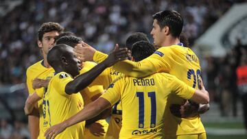 EPA4814. SALÓNICA (GRECIA), 20/09/2018.- Los jugadores del Chelsea celebran el gol conseguido ante el PAOK Salónica, durante el partido del grupo L de la Liga Europa disputado en Salónica, Grecia, el 20 de septiembre del 2018. EFE/Sotiris Barbarousis