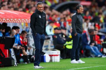 Spain head coach Luis Enrique looks dejected during his team's 2-1 defeat to Switzerland.