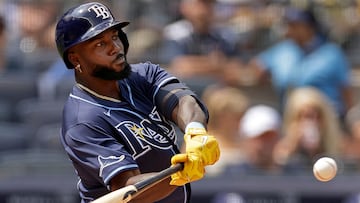 NEW YORK, NY - JULY 20: Randy Arozarena #56 of the Tampa Bay Rays hits a 2-run home run during the seventh inning against the New York Yankees at Yankee Stadium on July 20, 2024 in New York City. Adam Hunger/Getty Images/AFP (Photo by Adam Hunger / GETTY IMAGES NORTH AMERICA / Getty Images via AFP)