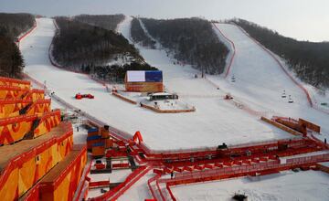 The finish sign for the women's giant slalom is mounted at the Alpine venue of Yongpyong.