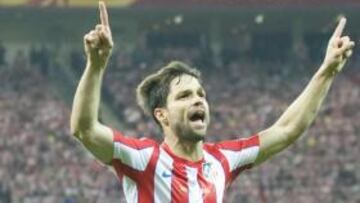 <b>GOL. </b>Diego celebra un gol en un partido con el Atlético de Madrid.