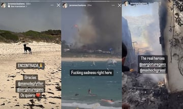 La story de la perra de Jerome Cloetens, uan con el incendio y kitesurfistas en primer plano y una última ayudando a apagar el incendio con amigos.