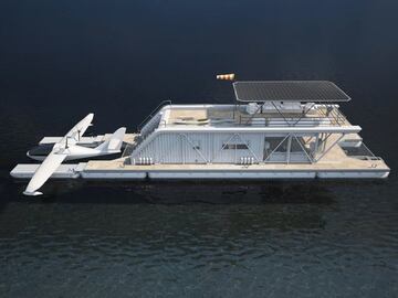 La HydroHouse - HH es una casa-barco flotante ideal para los amantes de los deportes de agua. Con hidroavi¨®n incluido. Tiene 76 metros cuadrados. No se indica el precio.