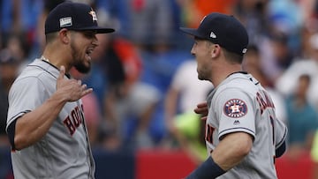 Houston Astros&#039; closing pitcher Roberto Osuna, left, celebrates with teammate Alex Bregman after the Astros defeated the Los Angeles Angels 10-4 in their second baseball game, in Monterrey, Mexico, Sunday, May 5, 2019. In pitching the last three outs of Sunday&#039;s game, Osuna became the fifth Mexican player to participate in a Major League Baseball game on the soil of his home country. (AP Photo/Rebecca Blackwell)