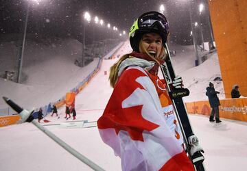 Canada's Justine Dufour-Lapointe celebrates winning the silver medal.