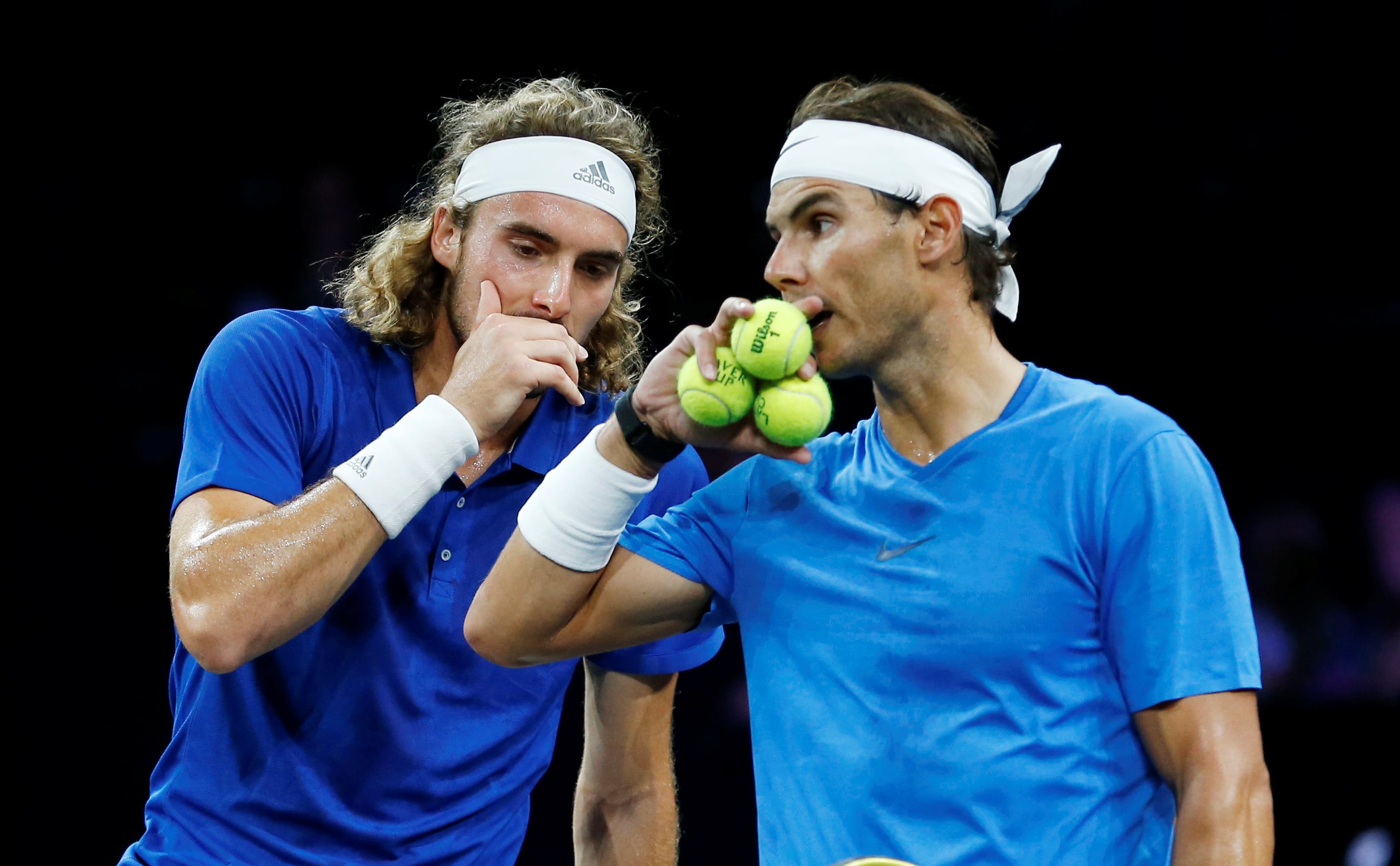 Tennis - Laver Cup - Palexpo, Geneva, Switzerland - September 21, 2019 Team Europe's Stefanos Tsitsipas and Rafael Nadal during their doubles match against Team World's Nick Kyrgios and Jack Sock REUTERS/Pierre Albouy