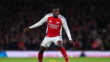 LONDON, ENGLAND - JANUARY 07: Thomas Partey of Arsenal during the Carabao Cup Semi Final First Leg match between Arsenal and Newcastle United at Emirates Stadium on January 07, 2025 in London, England. (Photo by Marc Atkins/Getty Images)