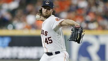 HOUSTON, TEXAS - JULY 22: Gerrit Cole #45 of the Houston Astros pitches in the first inning against the Oakland Athletics at Minute Maid Park on July 22, 2019 in Houston, Texas.   Bob Levey/Getty Images/AFP
 == FOR NEWSPAPERS, INTERNET, TELCOS &amp; TELEVISION USE ONLY ==