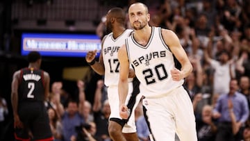 May 9, 2017; San Antonio, TX, USA; San Antonio Spurs shooting guard Manu Ginobili (20) reacts after a shot against the Houston Rockets during the second half in game five of the second round of the 2017 NBA Playoffs at AT&T Center. Mandatory Credit: Soobum Im-USA TODAY Sports
