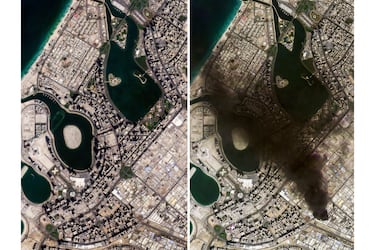 Esta combinación de imágenes satelitales proporcionada por Planet Labs PBC muestra a Dubái antes y después de los ataques de Irán. 