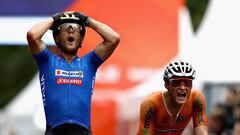 GLASGOW, SCOTLAND - AUGUST 12:  Matteo Trentin of Italy (L) reacts as he crosses the line and wins gold ahead of Mathieu Van Der Poel of Netherlands (R) in the Men&#039;s Road Race during the road cycling on Day Eleven of the European Championships Glasgow 2018 at  on August 12, 2018 in Glasgow, Scotland. This event forms part of the first multi-sport European Championships.  (Photo by Dan Istitene/Getty Images)