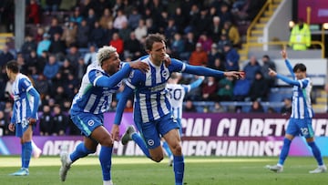 Soccer Football - Premier League - Burnley v Brighton & Hove Albion - Turf Moor, Burnley, Britain - April 11, 2026 Brighton & Hove Albion's Mats Wieffer celebrates scoring their second goal with Georginio Rutter REUTERS/Scott Heppell EDITORIAL USE ONLY. NO USE WITH UNAUTHORIZED AUDIO, VIDEO, DATA, FIXTURE LISTS, CLUB/LEAGUE LOGOS OR 'LIVE' SERVICES. ONLINE IN-MATCH USE LIMITED TO 120 IMAGES, NO VIDEO EMULATION. NO USE IN BETTING, GAMES OR SINGLE CLUB/LEAGUE/PLAYER PUBLICATIONS. PLEASE CONTACT YOUR ACCOUNT REPRESENTATIVE FOR FURTHER DETAILS..