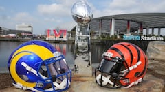 Feb 1, 2022; Inglewood, CA, USA; Los Angeles Rams and Cincinnati Bengals helmets are seen with a Vince Lombardi trophy at SoFi Stadium. The Rams and Bengals will play in Super Bowl LVI on Feb. 13, 202. Mandatory Credit: Kirby Lee-USA TODAY Sports