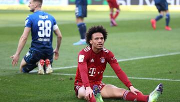 SINSHEIM, GERMANY - MARCH 12: Leroy Sane of FC Bayern Muenchen reacts to a missed chance during the Bundesliga match between TSG Hoffenheim and FC Bayern M&uuml;nchen at PreZero-Arena on March 12, 2022 in Sinsheim, Germany. (Photo by Alex Grimm/Getty Imag