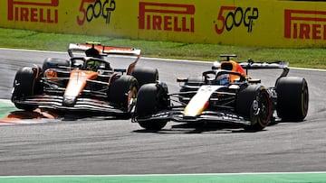Max Verstappen (Red Bull RB21) y Lando Norris (McLaren MCL39). Monza, Italia. F1 2025.