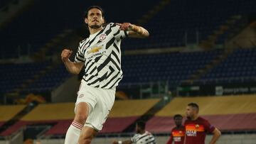 ROME, ITALY - MAY 06: Edinson Cavani of Manchester United celebrates scoring their first goal during the UEFA Europa League Semi-final Second Leg match between AS Roma and Manchester United at Stadio Olimpico on May 06, 2021 in Rome, Italy. Sporting stadi