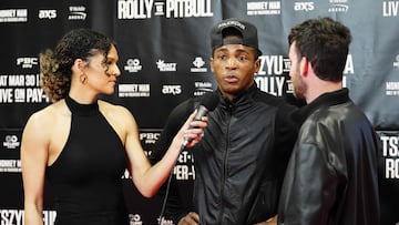 LAS VEGAS, NEVADA - MARCH 21: Jordan Plant interviews Erislandy Lara during the work outs at the Split T Boxing Club on March 21, 2024 in Las Vegas, Nevada in advance of the PBC Fight Night on March 30, 2024, at T-Mobile Arena in Las Vegas.   Louis Grasse/Getty Images/AFP (Photo by Louis Grasse / GETTY IMAGES NORTH AMERICA / Getty Images via AFP)