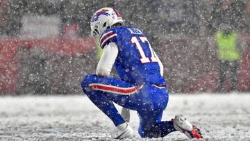 Jan 22, 2023; Orchard Park, New York, USA; Buffalo Bills quarterback Josh Allen (17) reacts after a play against the Cincinnati Bengals during the fourth quarter of an AFC divisional round game at Highmark Stadium. Mandatory Credit: Mark Konezny-USA TODAY Sports