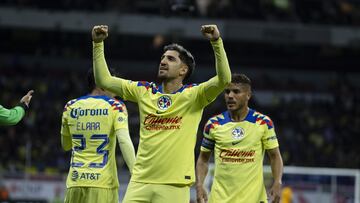 Diego Valdes celebrates his goal 1-0 of America during the 5th round match between America vs Monterrey as part of the Torneo Clausura 2024 Liga BBVA MX at Azteca Stadium on February 03, 2024 in Mexico City, Mexico.