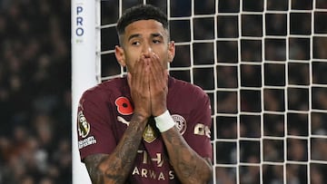 Manchester City's Brazilian midfielder #26 Savinho reacts after missing a chance during the English Premier League football match between Brighton and Hove Albion and Manchester City at the American Express Community Stadium in Brighton, southern England on November 9, 2024. (Photo by Glyn KIRK / AFP) / RESTRICTED TO EDITORIAL USE. No use with unauthorized audio, video, data, fixture lists, club/league logos or 'live' services. Online in-match use limited to 120 images. An additional 40 images may be used in extra time. No video emulation. Social media in-match use limited to 120 images. An additional 40 images may be used in extra time. No use in betting publications, games or single club/league/player publications. /