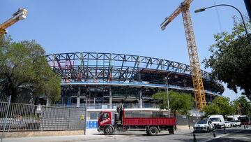 BARCELONA, SPAIN - AUGUST 07: Construction work on the new Spotify Camp Nou soccer stadium, on August 7, 2025, in Barcelona, Catalonia, Spain. The return of FC Barcelona's first men's soccer team to the new Spotify Camp Nou will be progressive, with three distinct phases with different capacities, pending the definitive opening of the third ring, after the club and the Barcelona City Council agreed on a modification of the Construction and Activities license to give the green light to the new stadium as the works are completed. (Photo By David Zorrakino/Europa Press via Getty Images)