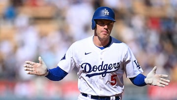 Jul 21, 2024; Los Angeles, California, USA; Los Angeles Dodgers first baseman Freddie Freeman (5) celebrates after hitting a home run against the Boston Red Sox during the first inning at Dodger Stadium. Mandatory Credit: Jonathan Hui-USA TODAY Sports