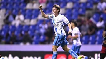 Iker Moreno celebrates his goal 1-0 of Puebla during the 13th round match b etween Puebla and FC Juarez as part of the Liga BBVA MX Varonil, Torneo Clausura 2026 at Cuauhtemoc Stadium, on April 03, 2026 in Puebla, Mexico.