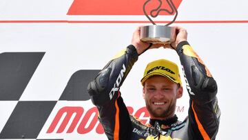 15 July 2017, Germany, Hohenstein-Ernstthal: German motorcycle Grand Prix, Moto2 at the Sachsenring: Brad Binder (South&nbsp;Africa, Red Bull KTM Ajo) celebrates his win. Photo: Hendrik Schmidt/dpa-Zentralbild/ZB *** Local Caption *** .