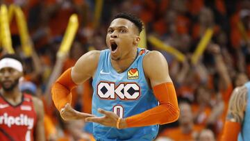 Apr 19, 2019; Oklahoma City, OK, USA; Oklahoma City Thunder guard Russell Westbrook (0) reacts after scoring against the Portland Trail Blazers during the second half in game three of the first round of the 2019 NBA Playoffs at Chesapeake Energy Arena. Mandatory Credit: Alonzo Adams-USA TODAY Sports