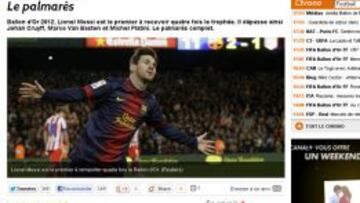 &Eacute;sta es la captura de L&#039; Equipe en la que se aprecia como dan ganador a Leo Messi en la edici&oacute;n de 2012.