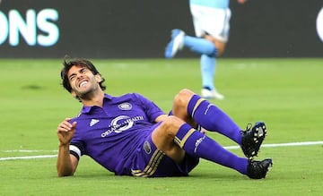 Kaka #10 of Orlando City SC goes down with a leg injury during a MLS soccer match between New York City FC and Orlando City SC at the Orlando City Stadium on March 5, 2017 in Orlando, Florida.